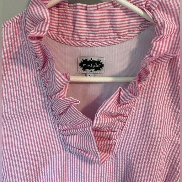 Mud Pie Pink and White Seersucker Sleeveless Ruffle Dress - Picture 2 of 7